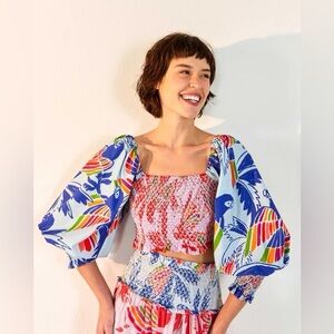 Farm Rio Colorful Birds Shirred Puff Sleeve Top